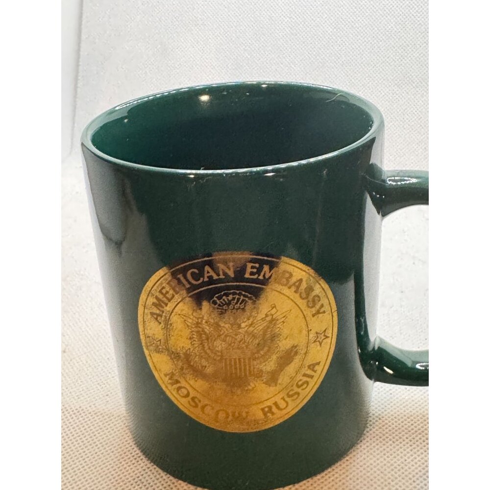 American Embassy Moscow Russia Coffee Mug Green Gold Seal Ceramic Collectible 11